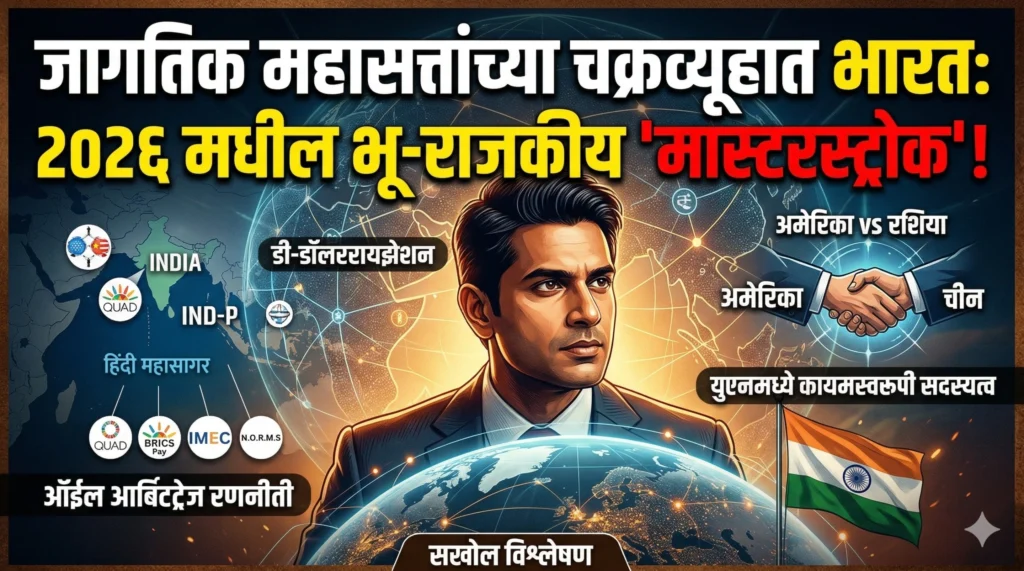 A digital illustration showing India's prime minister at a global summit surrounded by world leaders, symbolizing India's leadership in the Global South 2026.