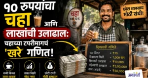 रेल्वे स्टेशनजवळील गजबजलेल्या चहाच्या टपरीवर ग्राहकांना चहा देणारा चहावाला आणि त्यामागील नफा-खर्चाचे बिझनेस गणित दर्शवणारे चित्र.