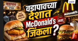 भारतीय बाजारपेठेत यशस्वी होण्यासाठी मॅकडोनाल्ड्सने केलेले बदल दर्शवणारे चित्र, ज्यामध्ये वेगळे शाकाहारी आणि मांसाहारी किचन तसेच भारतीय मेनू दाखवण्यात आला आहे.